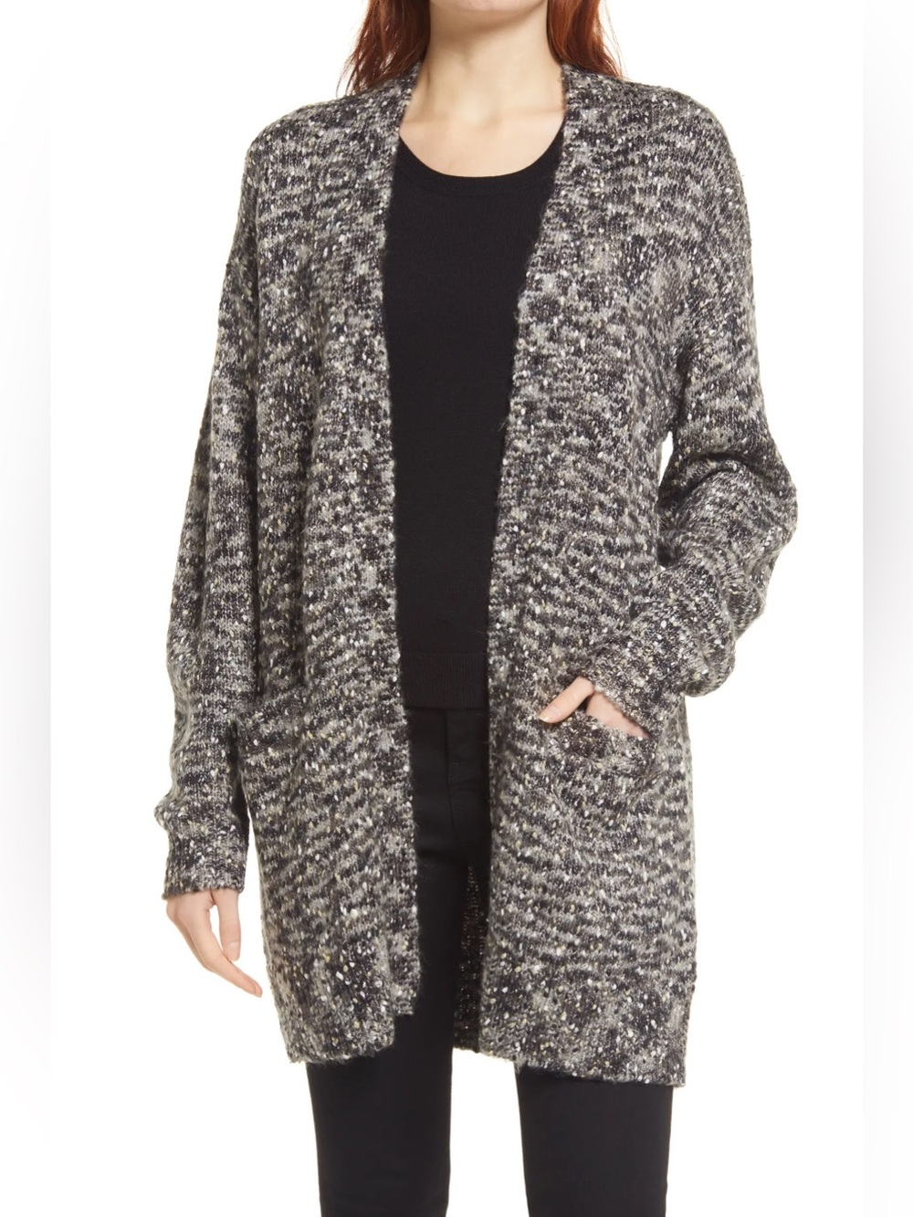 Halogen - Cozy Open-Front Women's Marled Black & White Cardigan Sweater